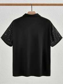 HIMLAND Camisa polo de manga corta con hombros caídos, suelta y con decoración de strass para hombre, de estilo casual