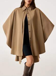 SHEIN Tall Abrigo tipo capa largo de mujer para otoño, de color liso, con mangas de murciélago, abotonado sencillo, casual y holgado, para mujeres altas - Caqui - Ver 9