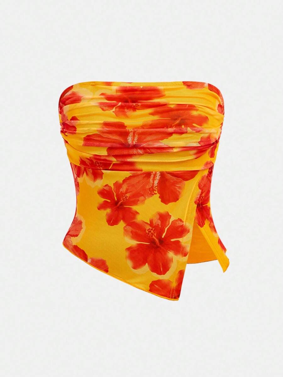 SHEIN 少女针织网眼花卉印花褶饰下摆短款吊带背心 - 橘色 - 查看 1