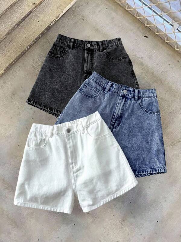 SHEIN Conjunto de 3 piezas para adolescentes de primavera y verano con pantalones cortos vaqueros de tiro alto, rotos y con borde deshilachado; Conjunto de 2 piezas para conciertos de verano, festivales y graduación; Conjunto de verano para brunch y vacaciones en la playa para adolescentes; Conjunto para concierto de música country