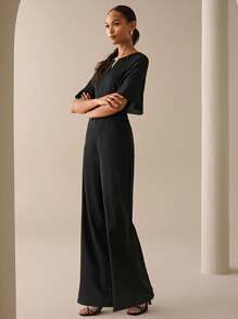 Lilora Salopetă elegantă pentru femei, cu mâneci evazate, în culoare solidă, de vară - Negru - Vizualizare 3