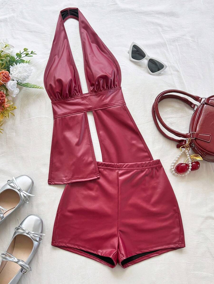 Soleia 2 件套女士 V 领系带前露背吊带背心和迷你短裤套装，适合派对、约会、下午茶、波西米亚风、波西米亚风、浪漫花卉、度假 - 酒紅色 - 查看 1