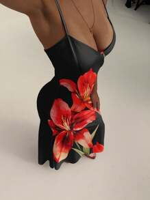 Aloruh 细肩带紧身节日花卉性感印花女式连衣裙，红百合，夏威夷花卉连衣裙，适合海滩、度假、派对、优雅约会、波西米亚风格服装、紧身连衣裙