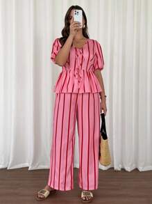 Vionelle Plus Size Pink Striped Bowknot Short Sleeve 2 Pieces Set - Pink - View 4