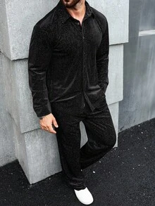 Manfinity Homme 男士长袖单排扣衬衫和裤子套装，成熟街头风格纹理宽松男士黑色两件套男士两件套西装套装男士黑色服装针织两件套男士男士两件套运动服男士两件套西装套装长袖配裤子男士黑色天鹅绒运动服 - 黑色 - 查看 3