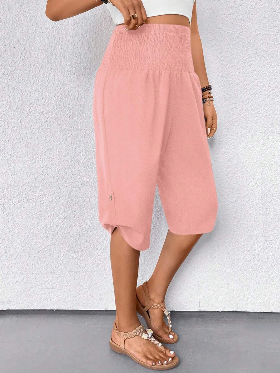 SHEIN LUNE Women's Solid Color Knotted Waist Loose Casual Capri Pants - Pink - View 1