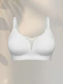 SHEIN Fashionable Minimalist Solid Color Comfy Seamless Lace Patchwork Wireless Wide Strap Pullover Ruffle Trim Thin Padded Plus Size Women Bra - White - View 8