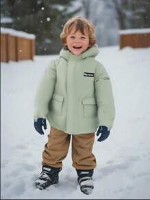 SHEIN 1 件装年轻男孩休闲保暖连帽加厚外套，带口袋，适合秋冬季 - 綠色 - 查看 3