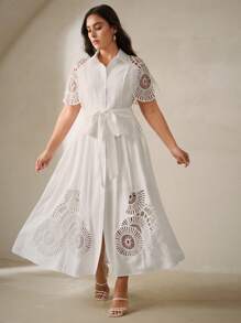 Anewsta Vestido de mujer de un solo pecho sin mangas de color liso con diseño calado y empalmes - Blanco - Ver 4