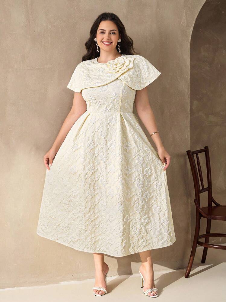 Chikora エレガントなパーティードレス プラスサイズ ジャガード 3Dフラワーデコレーション ソリッドカラー - アプリコット - 見る 7