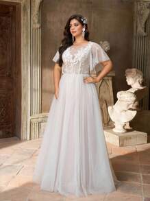 Aureia 加大码优雅浪漫奢华白色串珠亮片装饰连衣裙，飘逸荷叶边裙，适合晚会、派对、婚礼、蜜月、新娘 - 白色 - 查看 7