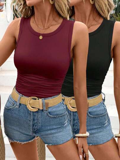 SHEIN LUNE 2pcs/Set Women's Solid Color Crew Neck Form-Fitting Tank Tops, Casual & Versatile, Suitable For Summer Tank Top Bodysuit Back To School,Casual
