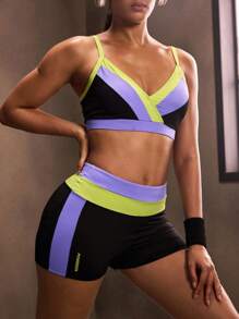 Powerista 女士拼色吊带背心和短裤运动服套装 女士健身套装