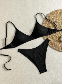 SHEIN ChicEase 女士夏季海滩度假纹理面料细肩带比基尼套装 - 黑色 - 查看 2
