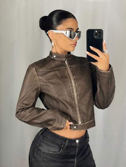 SHEIN ICON Women's Zip Front Stand Collar Fashion PU Leather Long Sleeve Jacket Fall Women Clothes