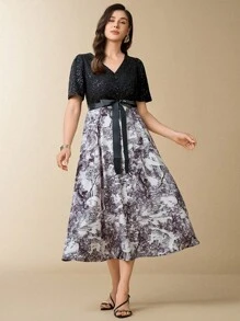 Flouryn Đầm dài vừa phải in họa tiết ren chắp vá cổ chữ V thanh lịch cho nữ cỡ lớn - Nhiều màu - Xem 3