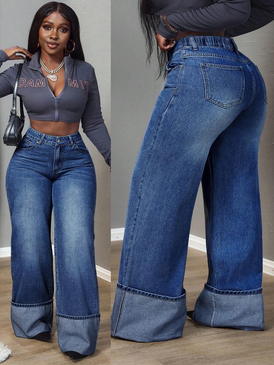 Slaydiva Plus Size Casual Washed High Waist Wide Leg Jeans,Fall Clothes For Women - Blue - View 1