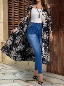 EMERY ROSE Plus Size Casual Loose Fit Sheer Cardigan Sweater, Plus Size Women Clothes,Versatile For Everyday Wear, Floral Kimono, Long Kimono, Plus Size Western Outfits Women,Suitable For Early Autumn,Going Out Outfits,Western Outfits ,Women Vacation Outfits,Early ,Fall Women Clothes,Fall Clothes For Women ,Spring - Black - View 5