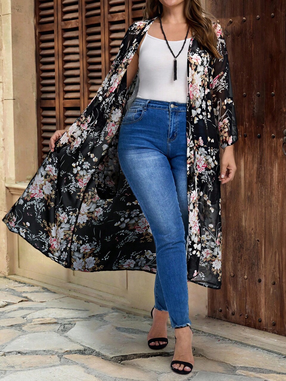 Plus Size Black And Red Casual Elegant Tropical Floral Kimono,Loose Fit Sheer Long Coat,Versatile Holiday Wear For Women,Suitable For Early Autumn