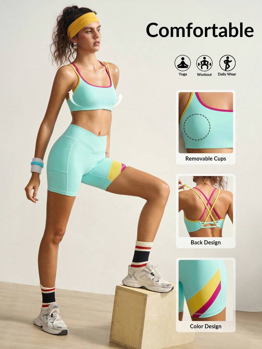 VARSIVA Conjunto de ropa deportiva para mujer con top de tirantes y shorts con recortes de bloques de color - Multicolor - Ver 1