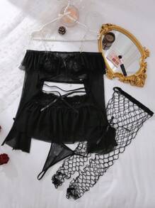 女士性感蕾丝网眼内衣套装，带荷叶边，外出穿着 - 黑色 - 查看 5