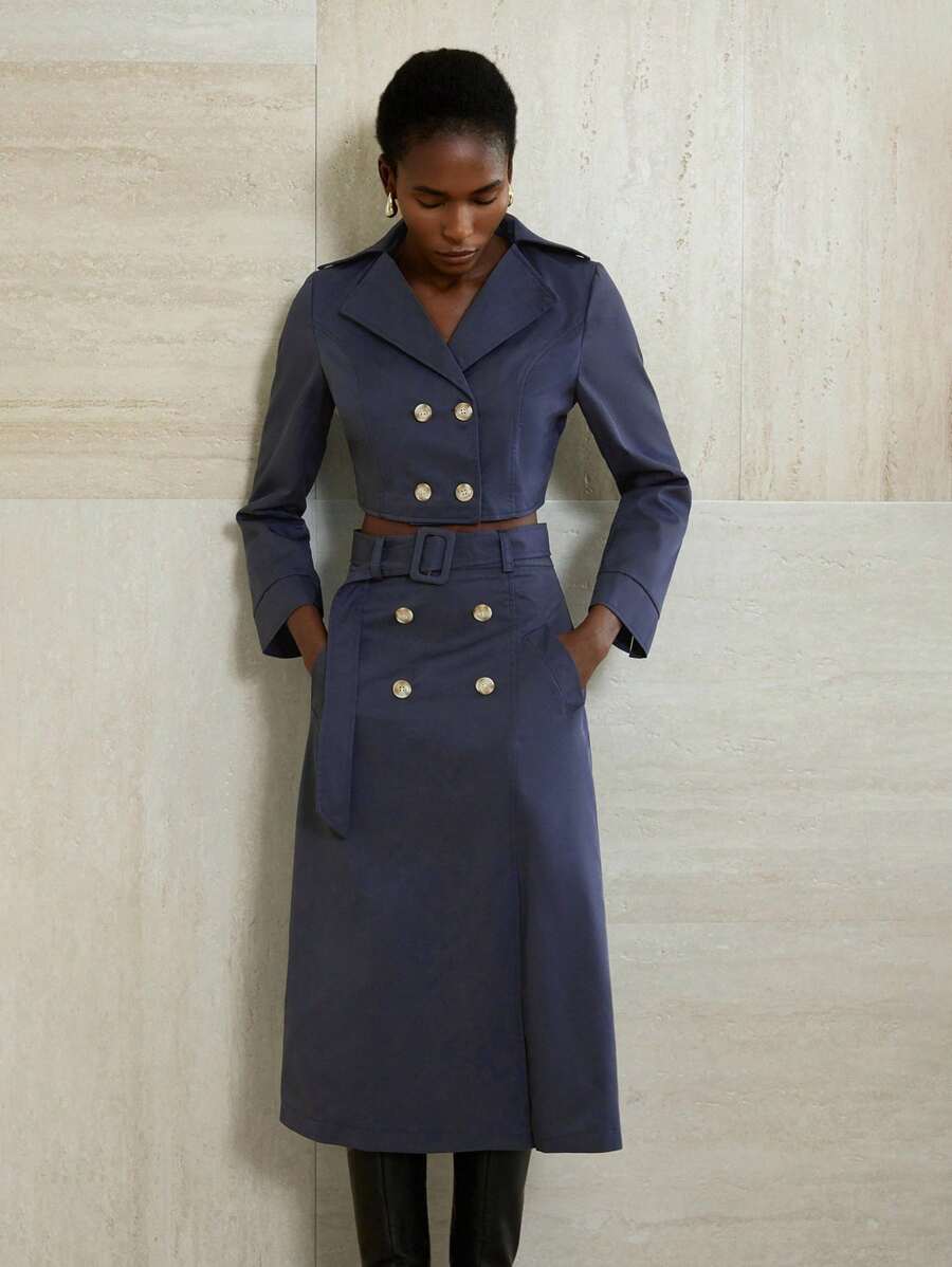 Aveloria Modichic Bộ 2 món/Bộ Áo crop top dài tay ve hai hàng khuy cho nữ + Chân váy chữ A xẻ tà màu trơn trang phục công sở thanh lịch thường ngày cho nữ - Màu xanh hải quân - Xem 1