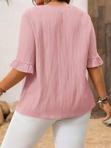 EMERY ROSE 加大码衬衫卡其色叶形下摆短袖简约时尚休闲日常度假装女士春夏装，西式女装，春夏装 - 粉色 - 查看 2