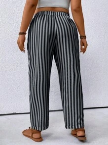 SHEIN PETITE 加大码条纹拼布锥形休闲度假裤，适合娇小和