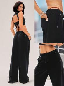 GLOWMODE Move And Grove Soft Smooth Reflective Pockets Drawstring Waist Smooth Oversized Baggy Wide Leg Sweatpants Dancing Daily Casual Wear  Spring Summer - Black - View 7