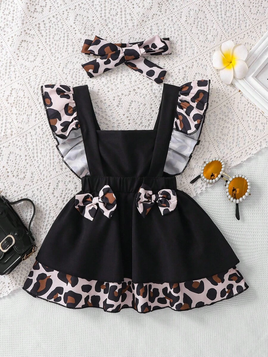 Genkimix Neugeborenen Baby süße Schleifen Dekor Leopard Patchwork rückenfrei Romper Set