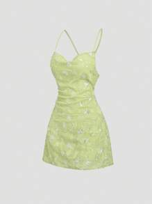 Sweetra Sequin Embroidered Strap Sexy Open Back Draped Neck Green Dress - Green - View 3