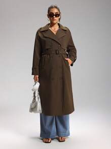 LYSMO Plus Size Solid Color Front Button Closure Long Sleeve Stand Collar Casual Trench Coat Winter Fall Autumn - Coffee Brown - View 3