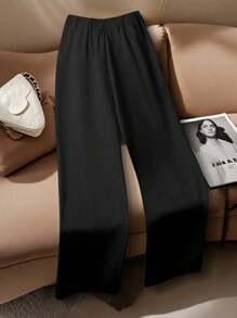 Franclia 大码女式白色休闲西装裤，松紧腰直筒口袋设计工作服长裤 - 黑色 - 查看 2