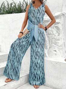 SHEIN Clasi V-Neck Twist Strap Women's All Over Allover Print Wide Leg Jumpsuit - Baby Blue - View 5