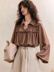 Arave 法式通勤精致POLO领优雅百搭长袖上衣，春夏 - 咖啡棕 - 查看 7