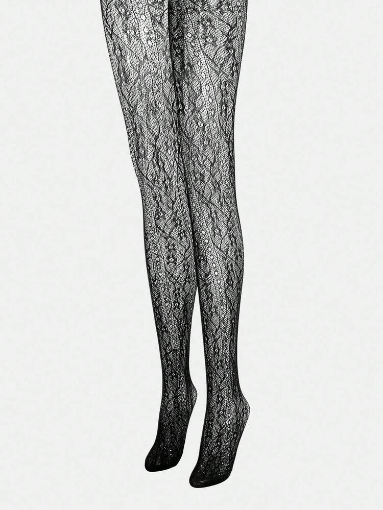 BLACK LACE JACQUARD HOLLOW OUT FISHNET TIGHTS