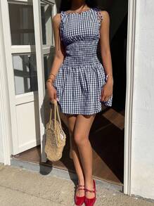 SHEIN EZwear 夏季休闲度假格子褶皱迷你连衣裙 - 藏蓝色 - 查看 3