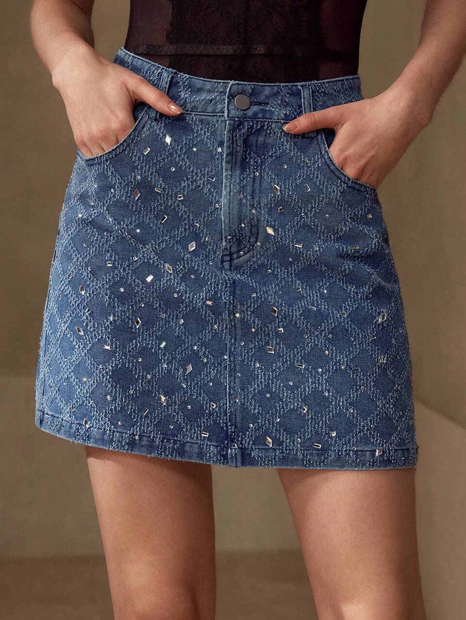 RHINESTONE DETAIL SLANT POCKET DENIM SKIRT