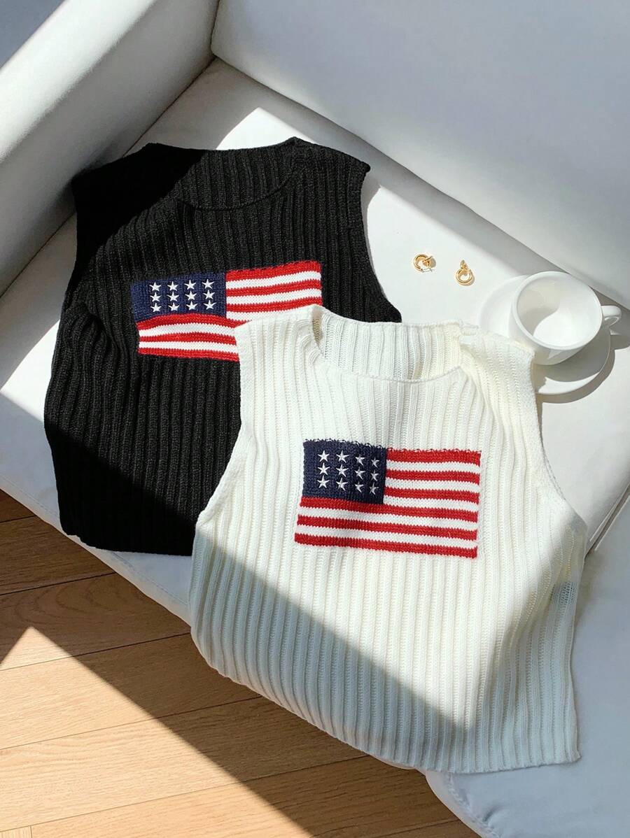 Comfortcana Women Usa 4th Of July Casual Knitted Sweater Vest  Top,2pcs,Suitable For Daily Street Wear 
Casual And Versatile