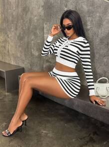INAWLY 2pcs Women's Striped Knitted Cropped Top And Shorts Set Fall Cloth For Women - Multicolor - View 5
