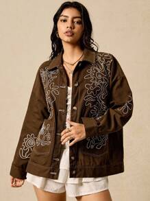Easelle 女装春夏复古休闲波西米亚风欧美女孩个性时尚前卫现代街头重工抽象图案刺绣棉质翻领宽松棕色谷仓夹克秋冬 - 棕色 - 查看 4