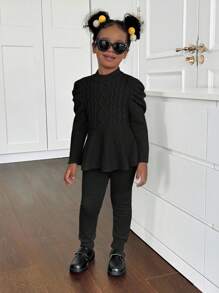 2 件套年轻女孩和年轻女孩纹理腰带毛衣和针织紧身裤，休闲秋冬装 - 黑色 - 查看 1