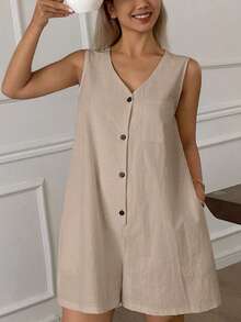 DAZY 简约风格无袖女式连体裤家居服睡衣 - 卡其色 - 查看 5