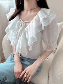 FRIFUL Blusa suelta de 3/4 de manga con volantes en patchwork y lazo cruzado, dulce para primavera y verano para mujer - Blanco - Ver 7
