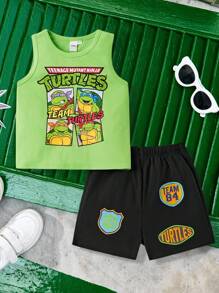 TEENAGE MUTANT NINJA TURTLES | SHEIN 2pcs Young Boy Summer Cartoon Green Sleeveless Vest And Elastic Waist Loose Shorts Set - Green - View 1