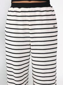 SUMWON Striped Wide Leg Knitted Pants Resort Wear Palazzo Style High Waisted Ribbed Casual Summer Beach Bottoms Cozy Wear Vacation Style - Black and White - View 7