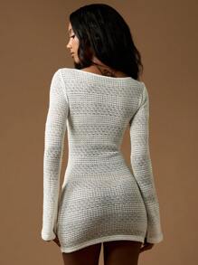 MISSGUIDED 钩针编织迷你连衣裙长款喇叭袖深 V 领沙滩装度假罩衫波西米亚风节日夏季春季休闲派对泳池