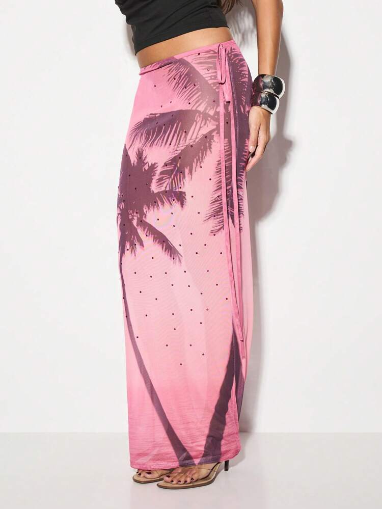KIZN Tropical Palm Print Wrap Maxi Skirt With Polka Dots