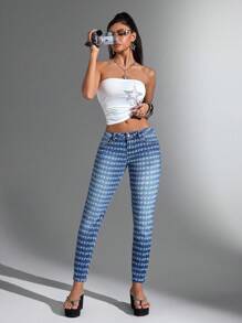 Flirla 女士休闲时尚纽扣紧身牛仔裤，适合日常穿着 - 藍色 - 查看 5