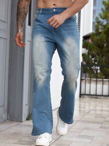 Manfinity Homme Retro Blue Slit Hem Design Jeans, Fashionable & Slim Fit Straight Leg Flared Pants For Men - Blue - View 6